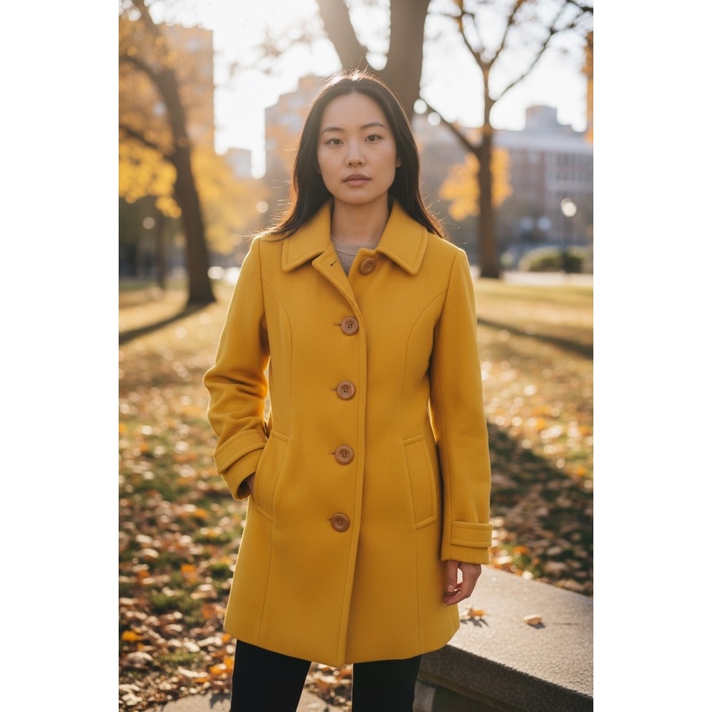 Anthropologie Tulle Mustard Yellow Wool Belted Pea Coat Button Front Jacket S‎